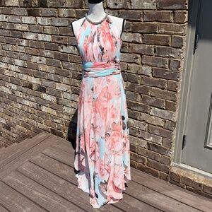 Calvin Klein womens Sleeveless Halter Neck Keyhole Gown with Tiered Skirt Dress